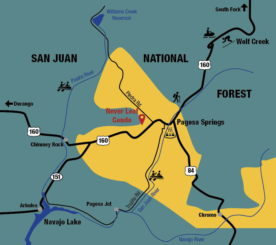 Location of Finca de Adobe vacation rental in uptown Pagosa Springs